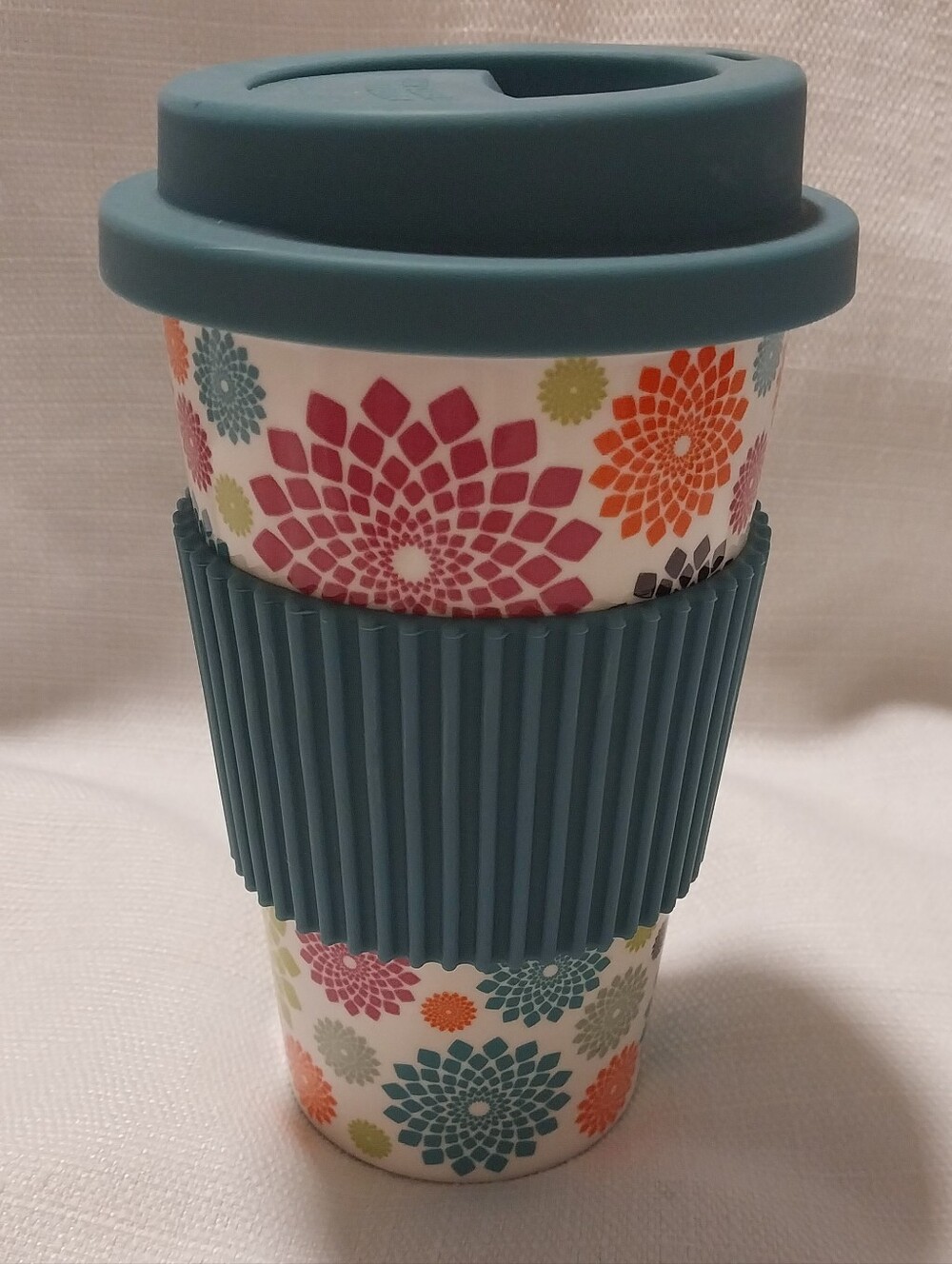 Iota Chic Multicolor Floral Mandala Ceramic Tumbler Coffee Mug with Lid & Sleeve